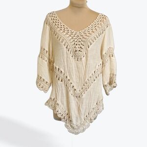 Love Culture Womens Boho Crochet Macrame Gauze Top Cream Small AT8064
